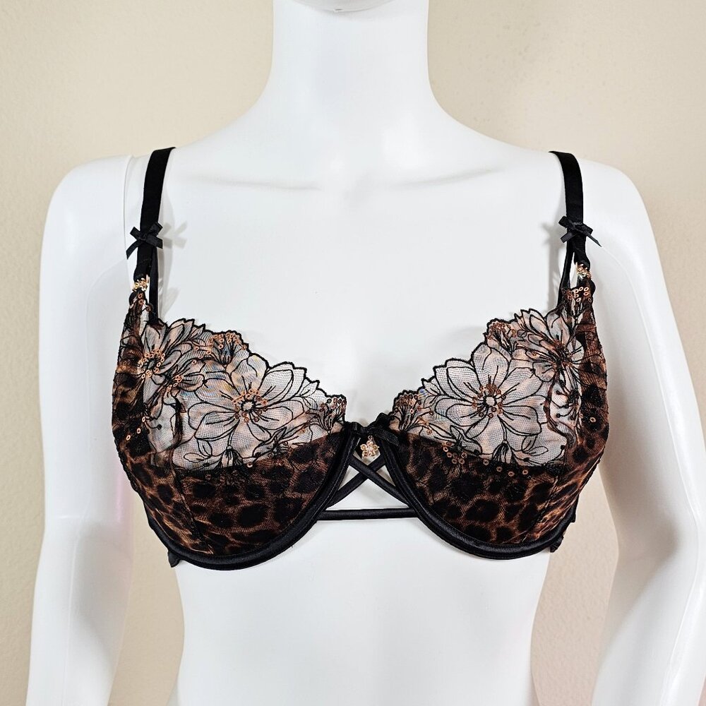 Honey Birdette Sophie Leopard Bra Floral Embroidery, Black/Brown, Size 36DD